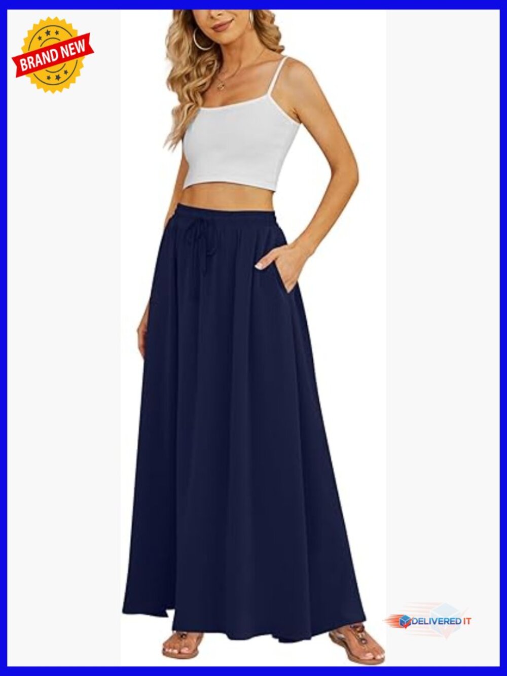 Flowy Maxi Skirt with Pockets Pleated High Waisted Casual Long Skirt Summer